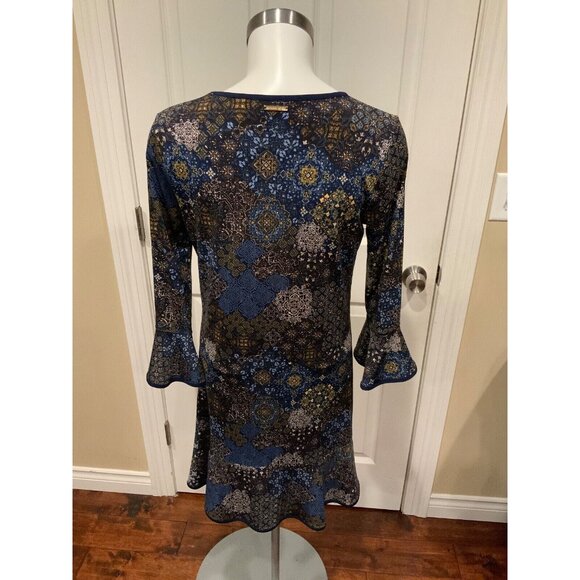 Michael Michael Kors Blue & Green Floral Print Flare Sleeve Dress, Size Medium - Picture 5 of 8